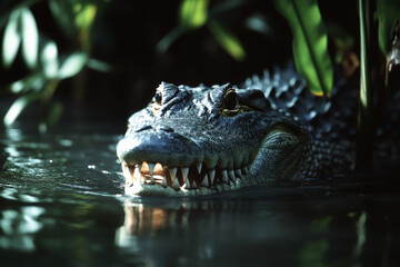 Obraz premium Alligator With Open Jaws Emerging From Dark Water