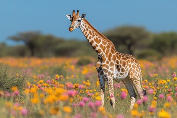Giraffe standing in colorful African savanna wildflower field