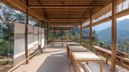 Fototapeta premium A sunlit weaving workshop with cotton fabric drying on racks.