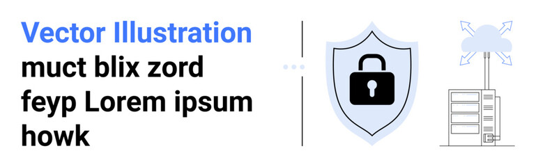 Lock shield representing cybersecurity next to a cloud-connected data center. Ideal for protection, privacy, technology, networking, cloud computing, data safety, simple landing page