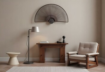 Interior design of a living room with a console table , a floor lamp , a chair , a rug and a decorative fan on the wall, beige background