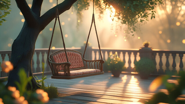 A Vintage Wooden Terrace With a Gently Swa.