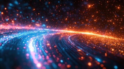 Obraz premium Glowing particle streams swirl in space amid cosmic dust background, for digital art