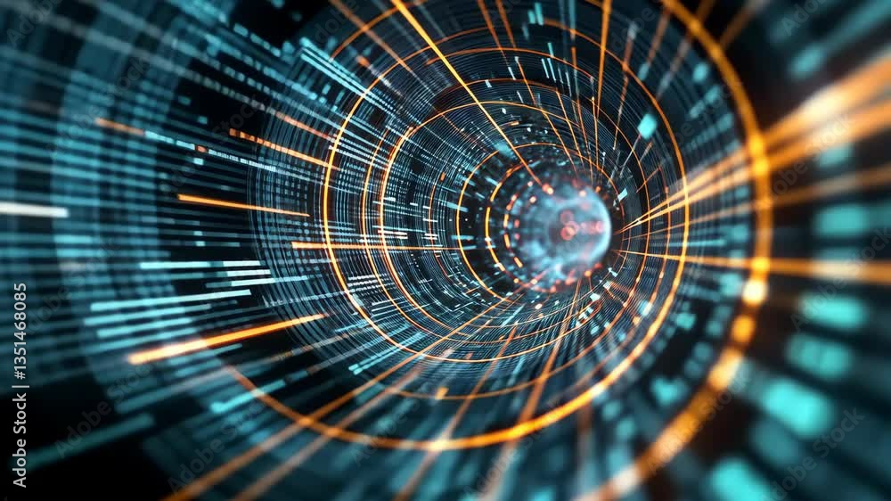 Poster Experience a mesmerizing visual journey through a cyber tunnel, showcasing light trails and data streams representing the synergy of technology, business, and artificial intelligence.