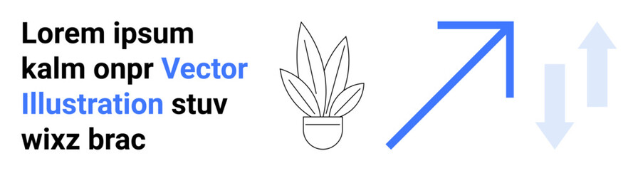 Obraz premium Potted plant, upward arrow, and abstract text symbolize growth, success, creativity, and progress. Ideal for business, productivity, ecology modern design finance education and flat landing page