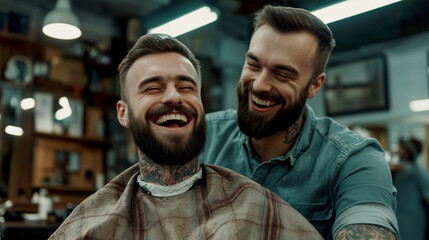 Barber shop celebration urban salon candid photography friendly atmosphere portrait view hair styling concept
