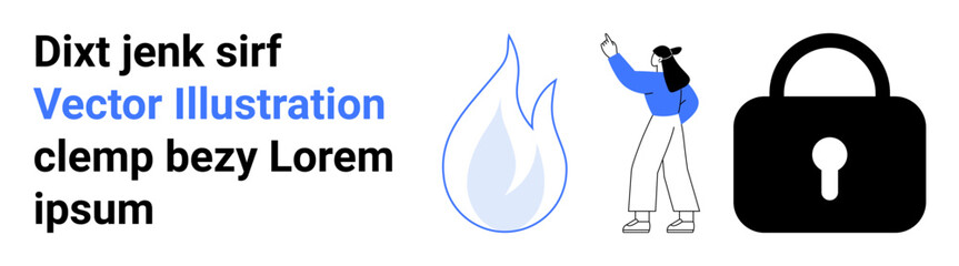Woman standing near flame and lock, pointing towards elements. Ideal for cybersecurity, fire safety, digital data protection, secure communication, awareness campaigns, educational content, simple