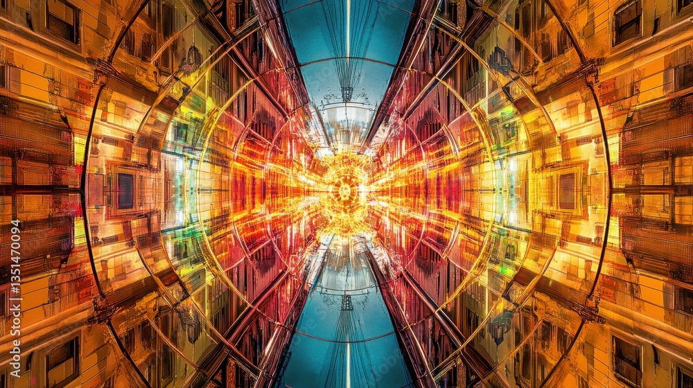 Poster a mirrored kaleidoscope effect of colorful urban lights forming intricate patterns.
