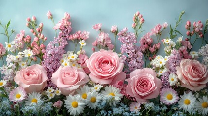 Pink roses, lilac, daisies floral arrangement on blue for spring background