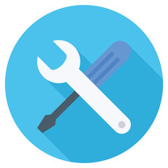 White wrench and black screwdriver icon, symbolizing tools and repairs.