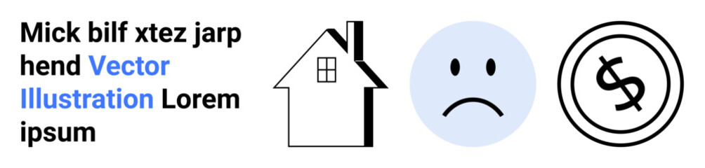 House silhouette, sad face in blue circle, crossed dollar sign in black. Ideal for financial struggles, housing crisis, budget issues, mortgage stress, cost of living, emotional stress abstract line
