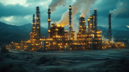 Obraz premium Night Refinery, Mountain Landscape, Pollution, Industry