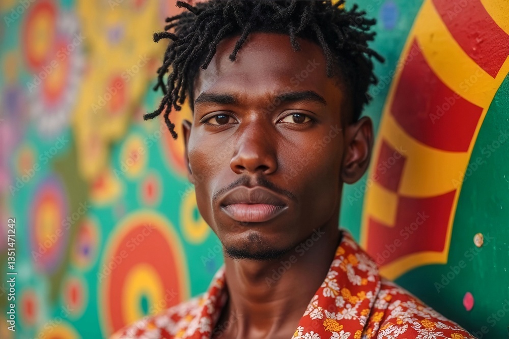 Poster a man with dreadlocks stands in front of a colorful wall. the wall has a pattern of flowers and circ