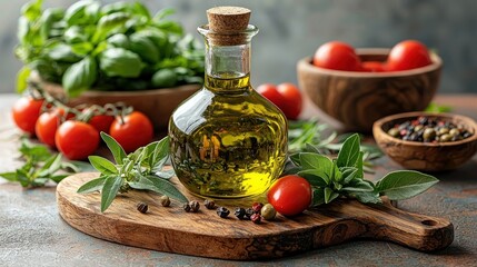Fresh ingredients with olive oil on a rustic table