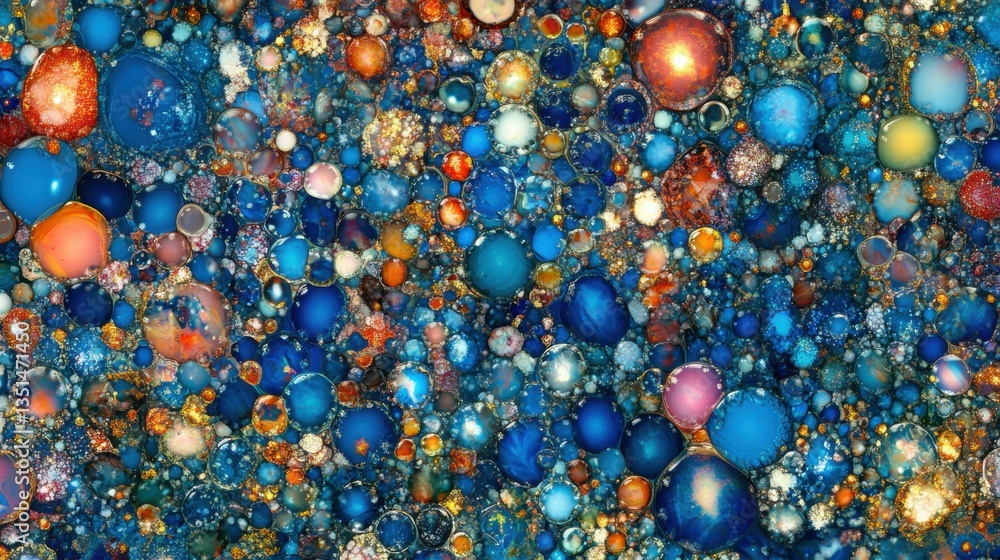 Poster a macro shot of colorful oil droplets floating on water, creating abstract patterns of blues, pinks,