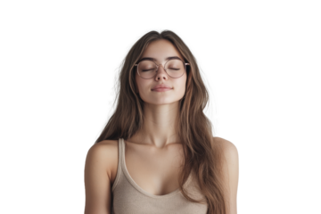 portrait of a young woman long brown hair glasses wearing light pink tank top 