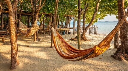 A tropical paradise with hammocks strung between palm trees on a beach.