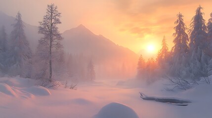 A peaceful snowy scene with golden sunlight breaking through the cold morning.

