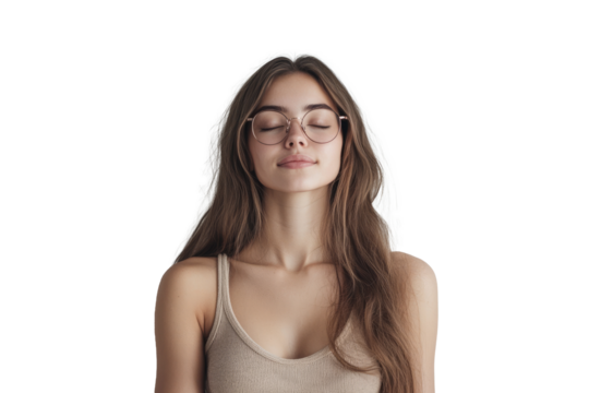 portrait of a young woman long brown hair glasses wearing light pink tank top 