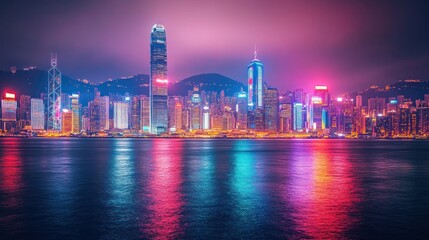 Fototapeta premium Vibrant Hong Kong Skyline at Night