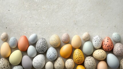 Unique arrangement of speckled and solid colored eggs displayed on a neutral background during a seasonal celebration of nature's bounty