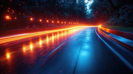 Night road, speeding car, forest, light trails