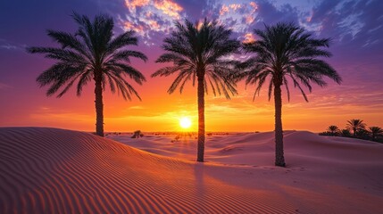 Vibrant sunset casting warm hues over desert dunes and three silhouetted palm trees