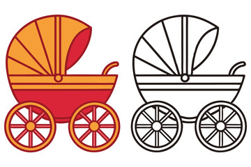 Classic Baby Carriage Illustration Red and Black Outline Versions for Coloring Book