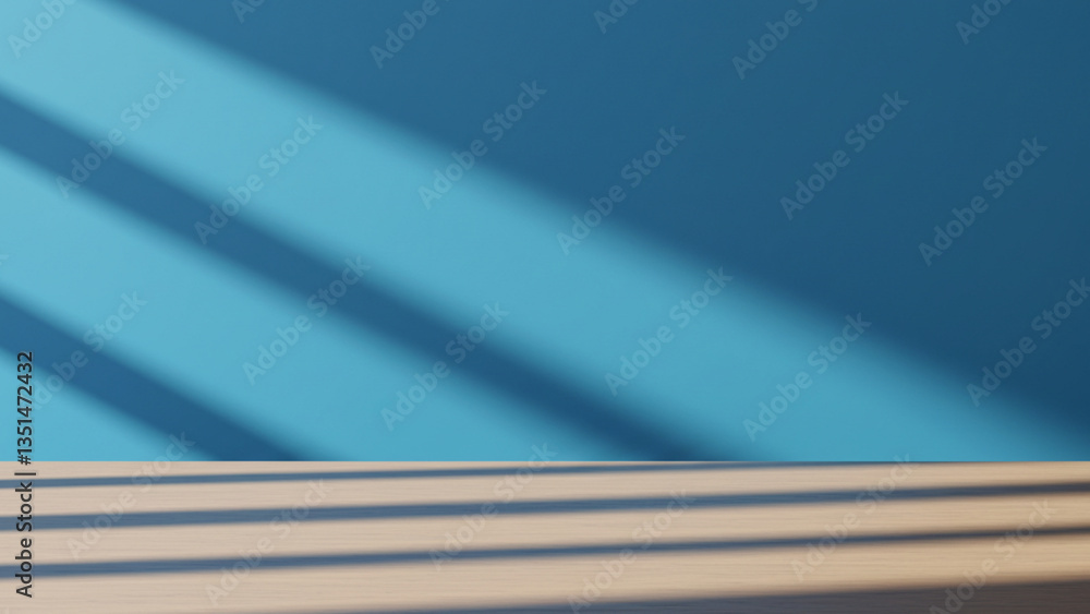 Poster empty table on smooth blue wall background. composition with abstract light reflections and shadows.