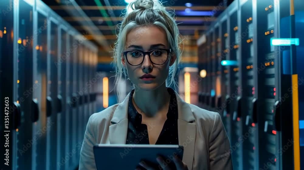 Poster A focused female data analyst stands amidst server racks in a modern data center, holding a tablet. The environment showcases advanced technology and a commitment to data-driven solutions.