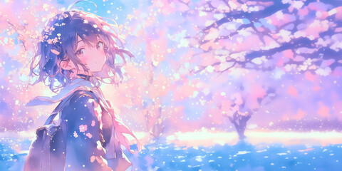 新生活の喜びを感じている少女。桜。水彩。水彩画。イラスト。バナー素材。背景素材。