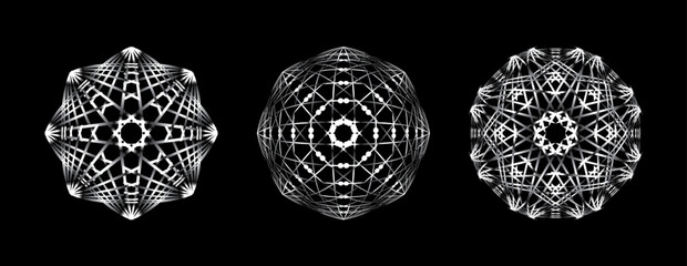 Geometric wireframe spheres with intricate symmetry &ndash; Abstract digital art. geometric lattice spheres: dual perspectives