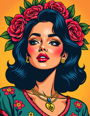 Obraz premium A vibrant pop art portrait of a woman with a floral headdress, capturing the essence of Mexican culture and beauty
