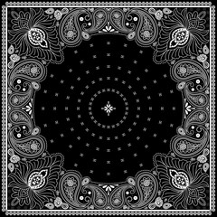 Bandana paisley square ethnic floral hand drawn pattern.Ornament classic vintage vector elements white on black background.Design for scarf,headscarf,kerchief,hijab,tablecloth,print fabric,decoration.