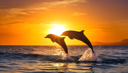 Fototapeta premium Two dolphins playfully jumping out of the ocean, forming a heart shape.