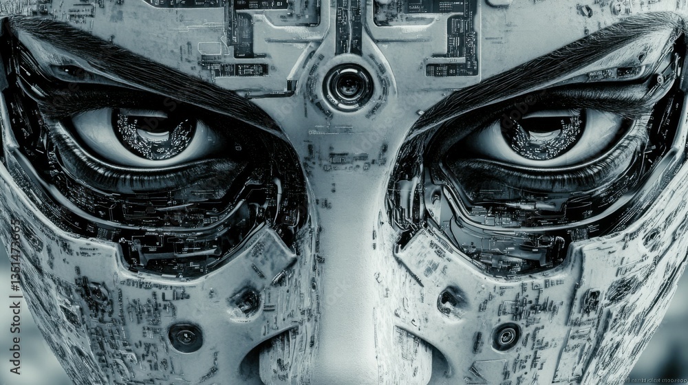 Aufkleber detailed close-up of a futuristic robotic face with intricate circuits, highlighting advanced techno