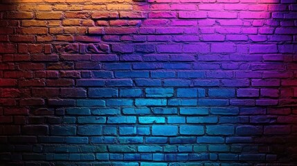 Modern futuristic neon lights on old grunge brick wall room background. 3d rendering.