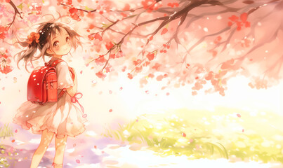 新生活の喜びを感じている少女。桜。水彩。水彩画。イラスト。バナー素材。背景素材。