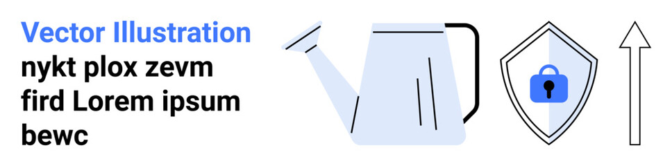 Watering can supports growth, shield with lock ensures security, upward arrow signifies progress. Ideal for business, finance, protection, innovation, sustainability, entrepreneurship and flat
