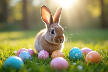 Cute Bunny Exploring Vibrant Spring Eggs amid Stunning Meadowscape
