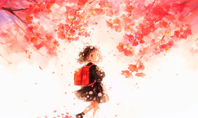 新生活の喜びを感じている少女。桜。水彩。水彩画。イラスト。バナー素材。背景素材。