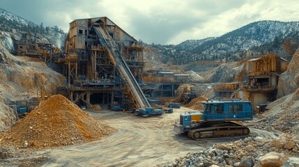 Fototapeta premium Heavy machinery works in a rugged mining site, framed by rocky hills and a dramatic sky, showcasing industry
