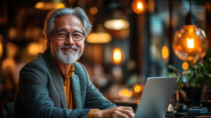 Senior man enjoys working on his laptop, surrounded by a comfortable atmosphere in a stylish cafe with soft lighting