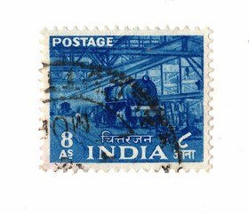 A vintage postage stamp from India isolated on a white background.