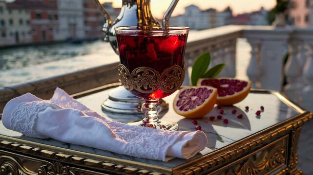 Majestic ruby sangria in glass goblet with citrus and pomegranate by evening canal view

