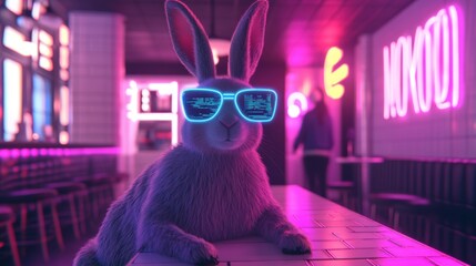 A playful rabbit mascot with fluffy red fur, glowing neon blue streaks, and subtle AI features, including data streams in its pupils.