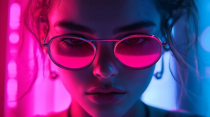 A young person wearing futuristic sunglasses in a neon glow