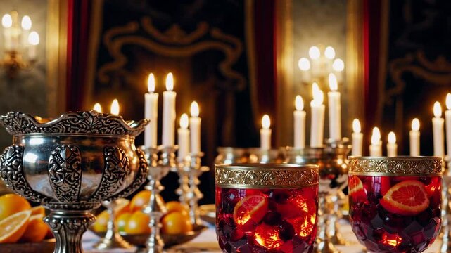 Majestic ruby sangria with fire opal cubes served in ornate goblets on royal banquet table

