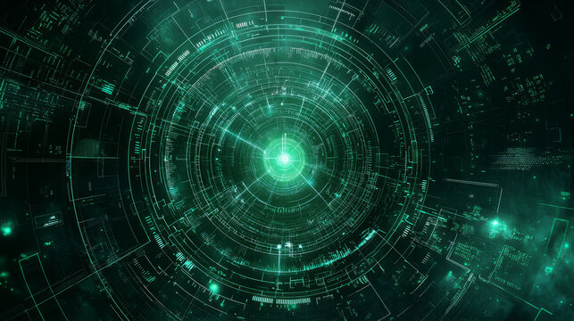 Circular arcs in military green with a subtle radar sweep line, tiny blips, and coordinates to suggest surveillance or detection