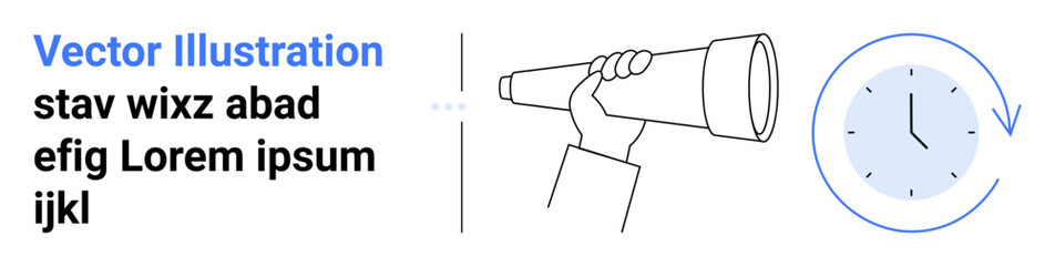 Hand holding telescope and clock with arrow showing time concepts. Ideal for future planning, time management, goal focus, opportunity scouting, strategic thinking, business strategy, simple landing